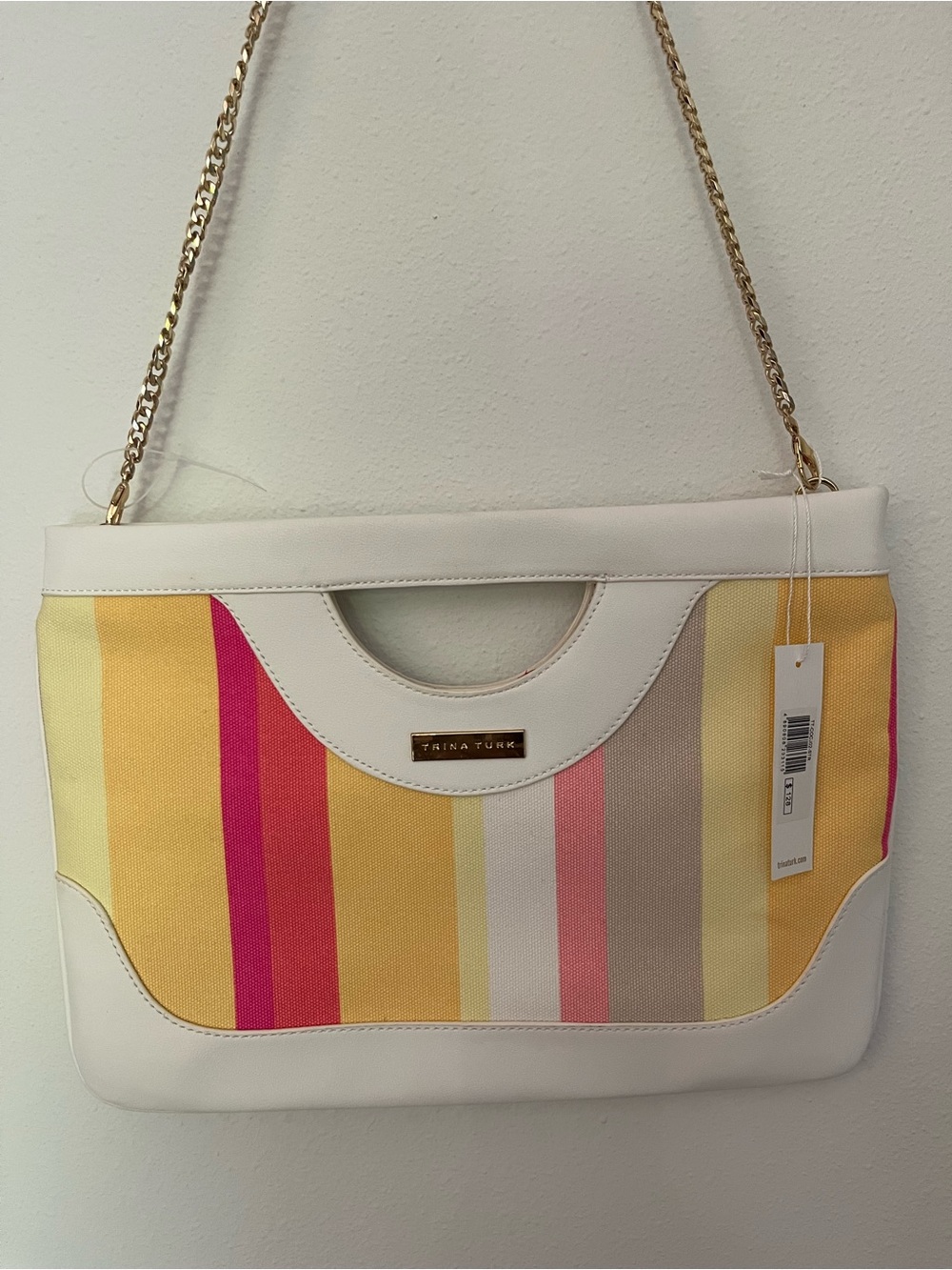 Trina Turk Stripe Canvas Tote in Pink, Yellow & Cream with Gold Plaque NWT